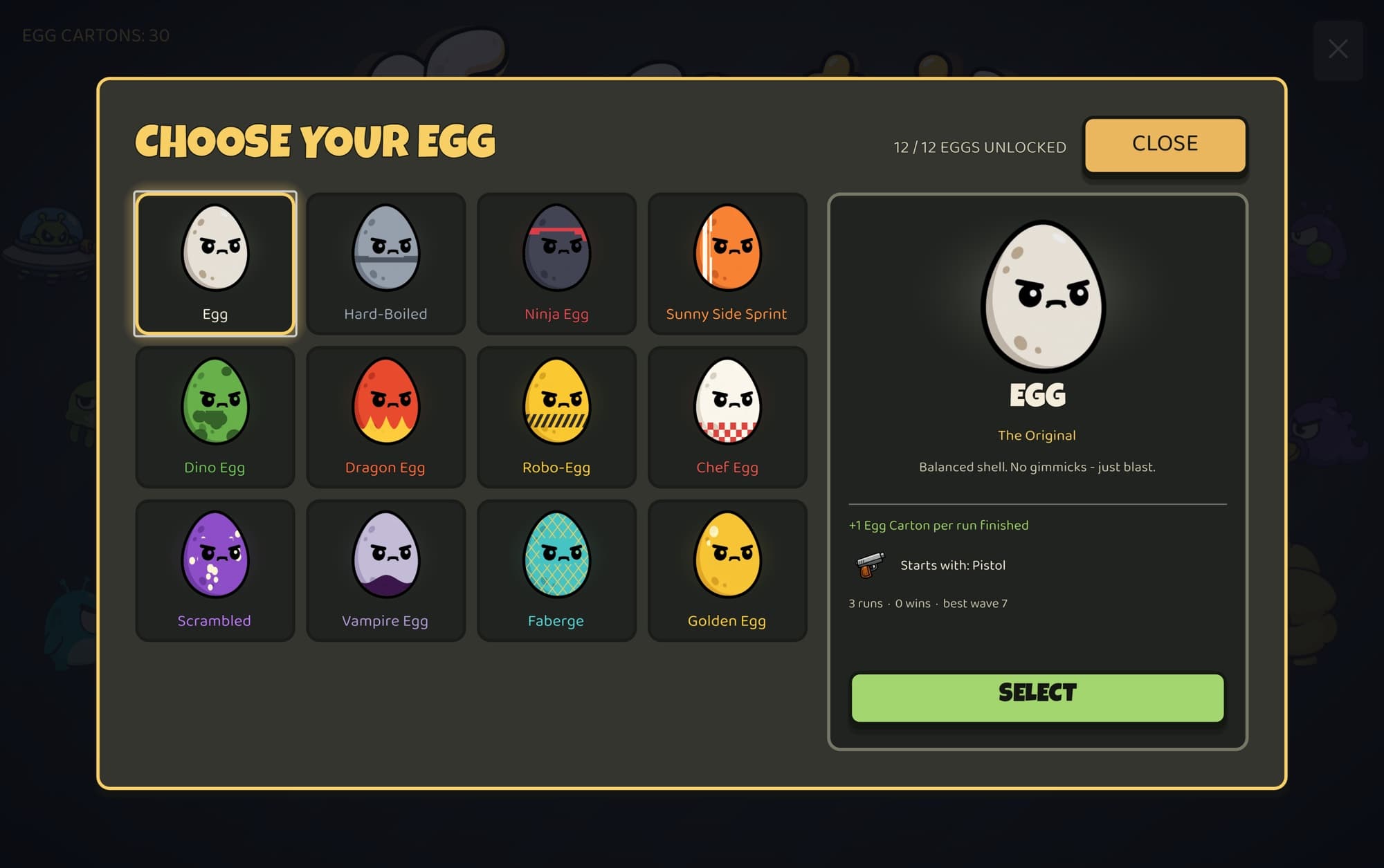 The Choose Your Egg screen showing all twelve eggs unlocked
