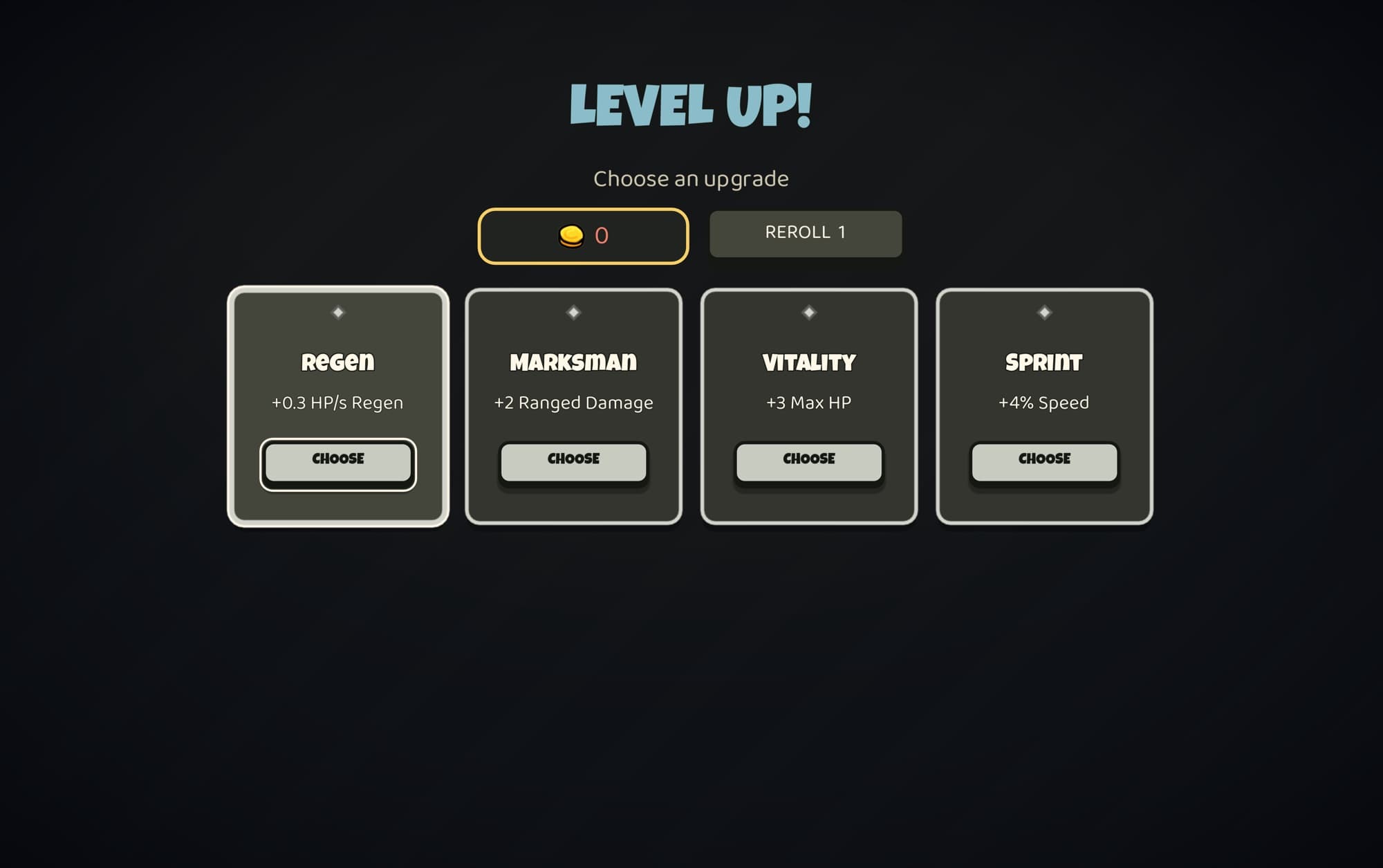 The level-up screen offering a choice of stat upgrades